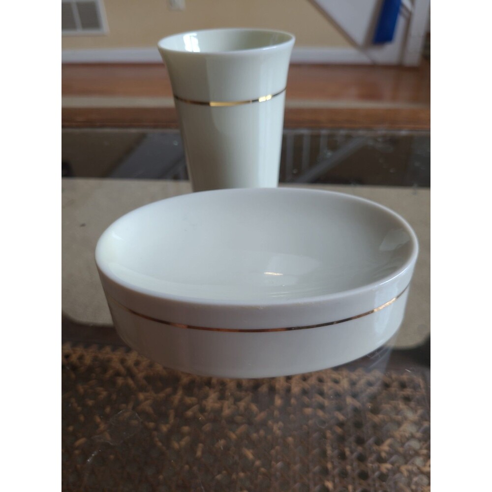 Vintage Porcelain Bathroom Set Gold Stripe Japan Cup Soap Dish
